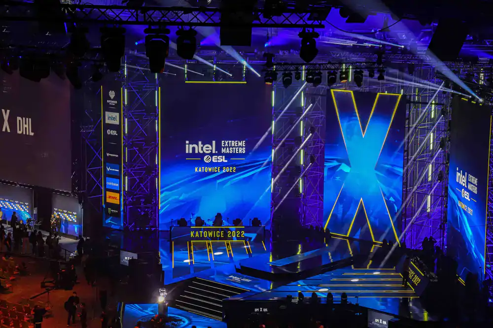 Dramatic stage lighting in an esports arena