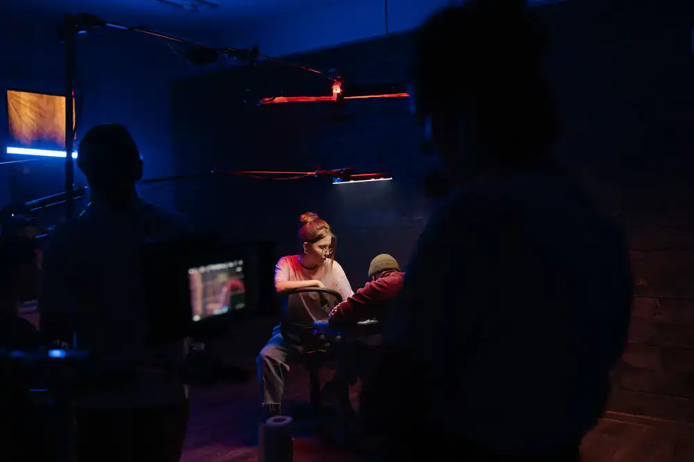 Neon Vanguard team members coordinating